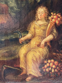 Detail of the allegory panel showing the seated figure holding a cornucopia of fruit and a sickle, with a basket of fruit spilling at her feet
