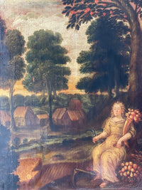 Detail of the allegory panel showing the seated figure with a sickle and a sheaf of fruit and flowers, a cut field at her feet and thatched buildings beyond