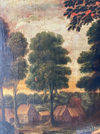Detail of the allegory panel showing the wooded landscape, the haystack beside the farm roofs and the golden light breaking low along the horizon