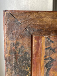 Corner brace on the panel reverse, half-lapped over the earlier painted decoration