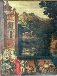 Couple seated with a book before a château, Cupid holding a garland beside a basket of spring flowers, French oil on panel in a painted wooden frame