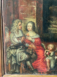 Detail of the gentleman with a book and the lady in red holding a tulip, with Cupid beside them, French oil on panel