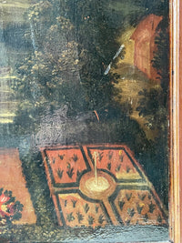 Detail of the formal garden parterre with young plantings around a central fountain, French oil on panel
