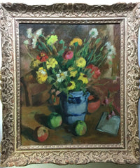 Wildflowers in a blue and grey stoneware jug with green and red apples on a table, signed oil by Andre Charigny in a carved cream and red bole frame