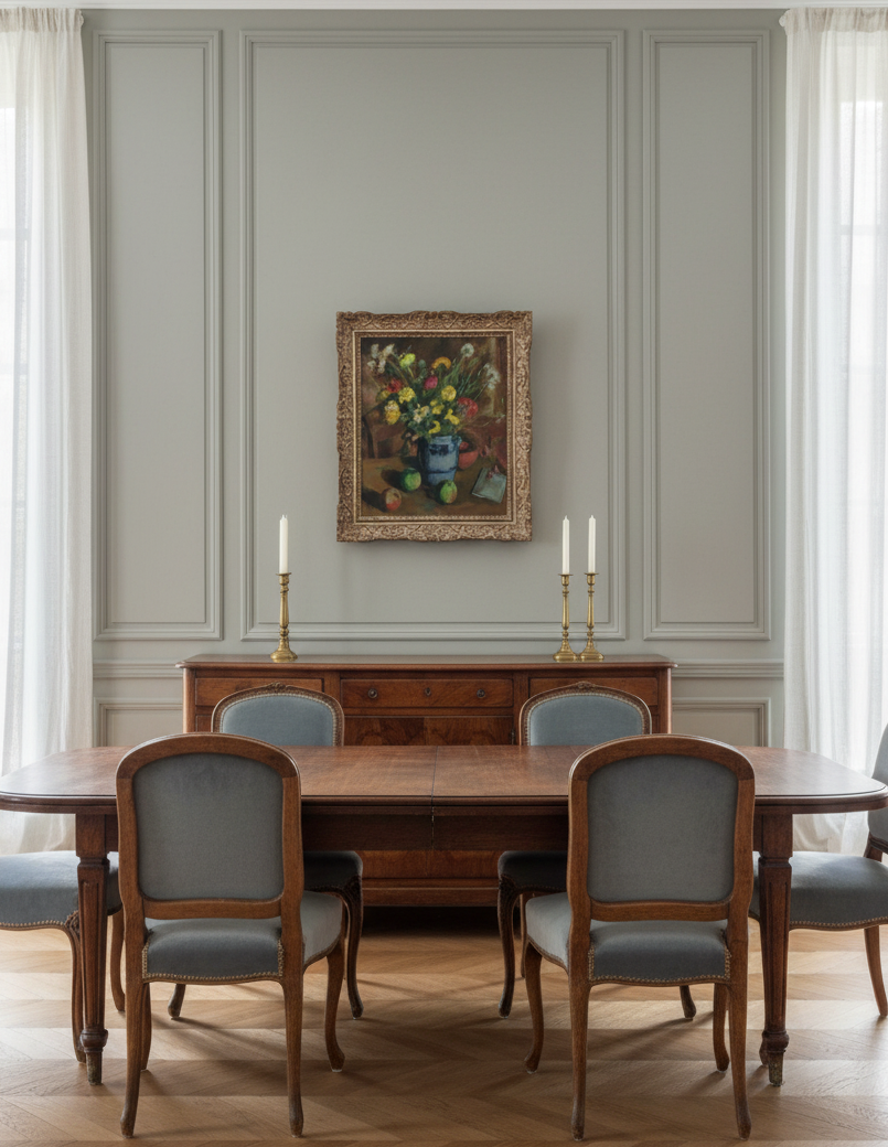 Room view mockup showing the framed still life on a pale grey panelled wall above a walnut sideboard with brass candlesticks