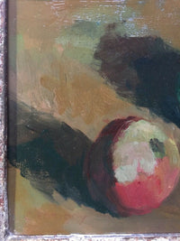 Close view of the red apple in four or five loaded strokes with its cast shadow, at the lower left corner where the signature is placed