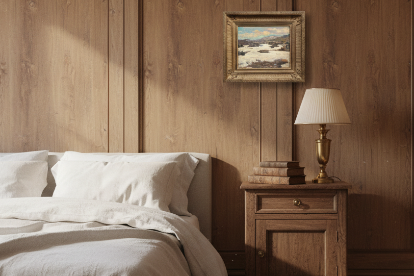 Signed winter snow landscape by Alfred Andrieux in a gilt frame in a wood-paneled bedroom