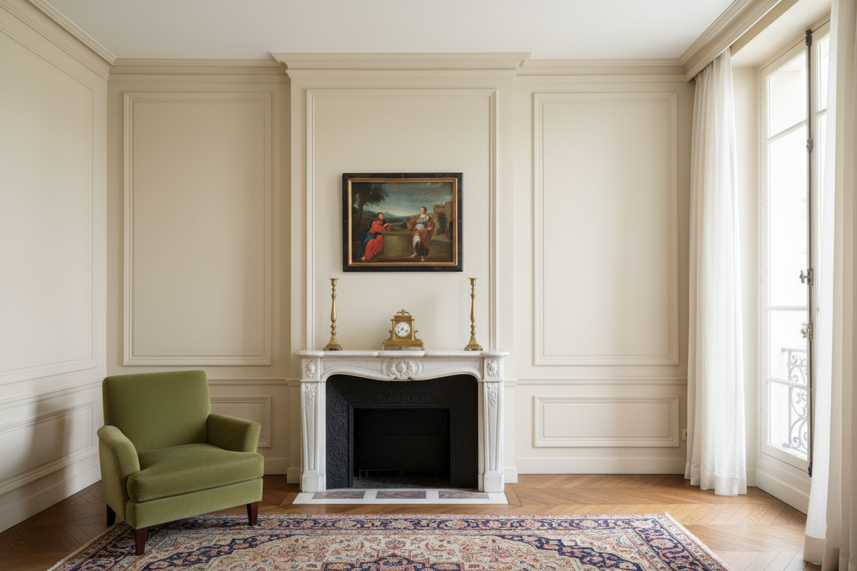 Antique painting after Albani of Christ and the Samaritan woman displayed in a French sitting room