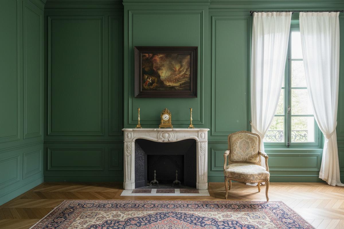 Antique Flemish Fire of Sodom displayed in a French sitting room