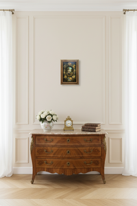 Antique Flemish garland painting of the Holy Family displayed in a French sitting room