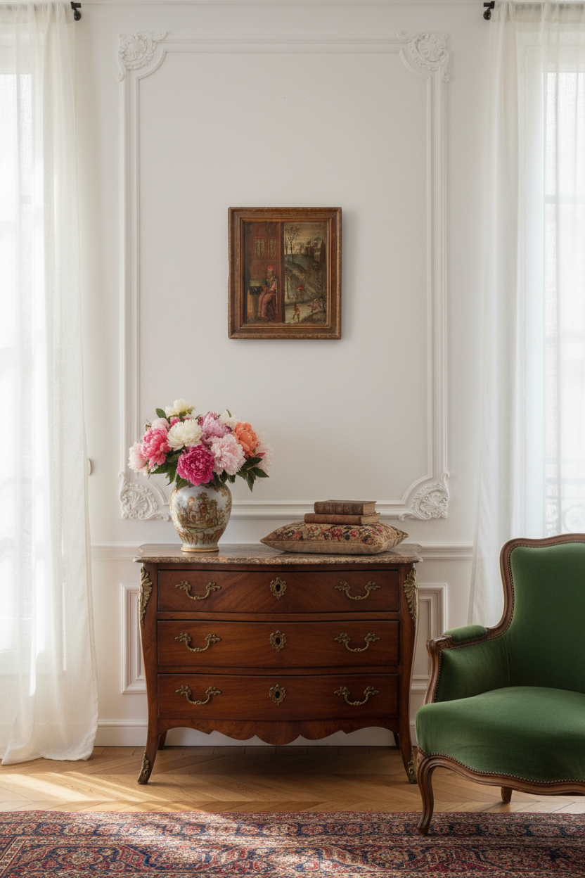 Antique French allegory of winter displayed in a French sitting room