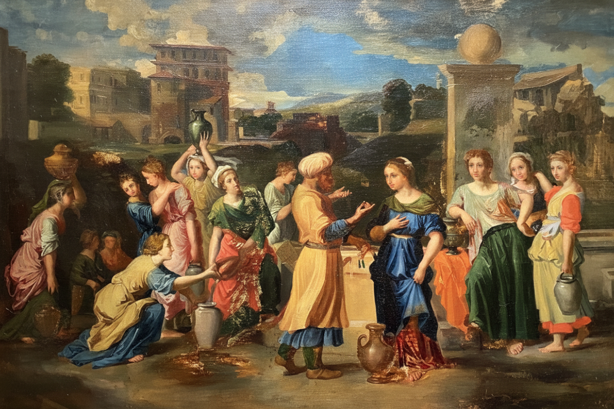 Antique French old master oil paintings for sale, Eliezer and Rebecca at the well after Nicolas Poussin