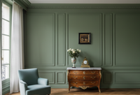 The ebonized panel hung above a Louis XV commode in a green panelled room (King Charles spaniel panel)