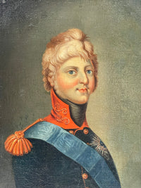 The sitter in his scarlet collar embroidered in gold scrollwork, with the pale blue watered sash and silver star