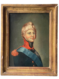 Early 19th century officer in a dark green coat with a pale blue sash and silver star, oil on canvas in a moulded gilt frame