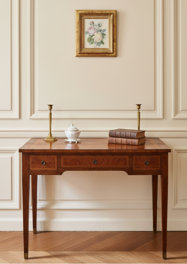 The framed study hung above a mahogany console, the frame a little wider than the stack of books below (Redoute circle rose study)