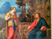 The woman in red and ochre with her hand raised, Christ answering from the well head with his palm open