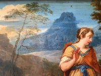 The cold blue mountain behind the valley, with the woman's braided hair and pearled collar at the right