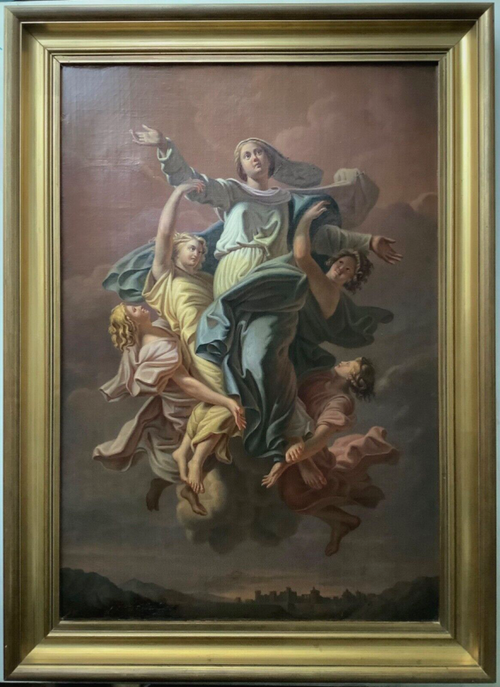 The Virgin rising with arms open, carried by five draped angels above a dark plain and a walled town, in a moulded gilt frame (after Poussin, 1881)
