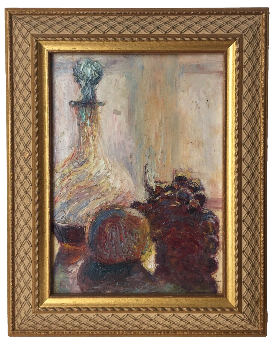 Still life with a tall carafe and a mass of dark grapes painted in thick impasto, in a lattice-carved gilt frame (Paul Audra)
