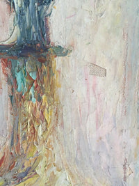 Close view of the loaded paint at the neck of the carafe against the thinly brushed ground, where the canvas weave shows through