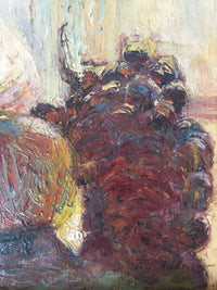 Close view of the grapes built in circling strokes of red, blue and yellow, with the signature at the lower right