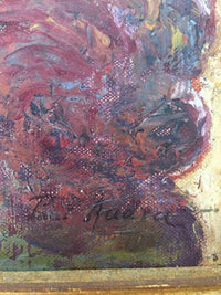 Close view of the signature Paul Audra brushed in dark script across the red of the grapes at the lower right