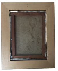 Reverse of the canvas on its stretcher, the tacking edges turned over and held in the frame by metal clips