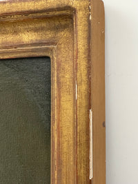 Macro of the frame corner showing water gilding worn through to the red bole, fine craquelure across the gesso and the white gesso exposed along the outer edge