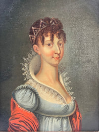Austrian School portrait of a young lady with a jeweled tiara and red shawl, Empire period oil on canvas in period gilt frame