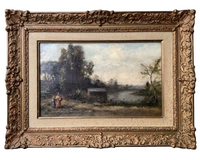 Barbizon School landscape with a woman and child by the water, 19th century French oil on canvas by Edmond Renault, in an ornate gilt frame