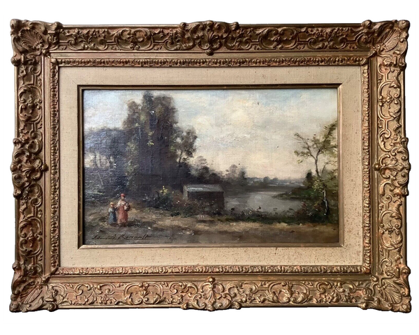 Barbizon School landscape with a woman and child by the water, 19th century French oil on canvas by Edmond Renault, in an ornate gilt frame