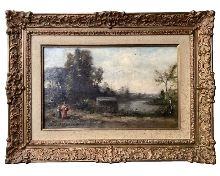 Barbizon School landscape with a woman and child by the water, 19th century French oil on canvas by Edmond Renault, in an ornate gilt frame