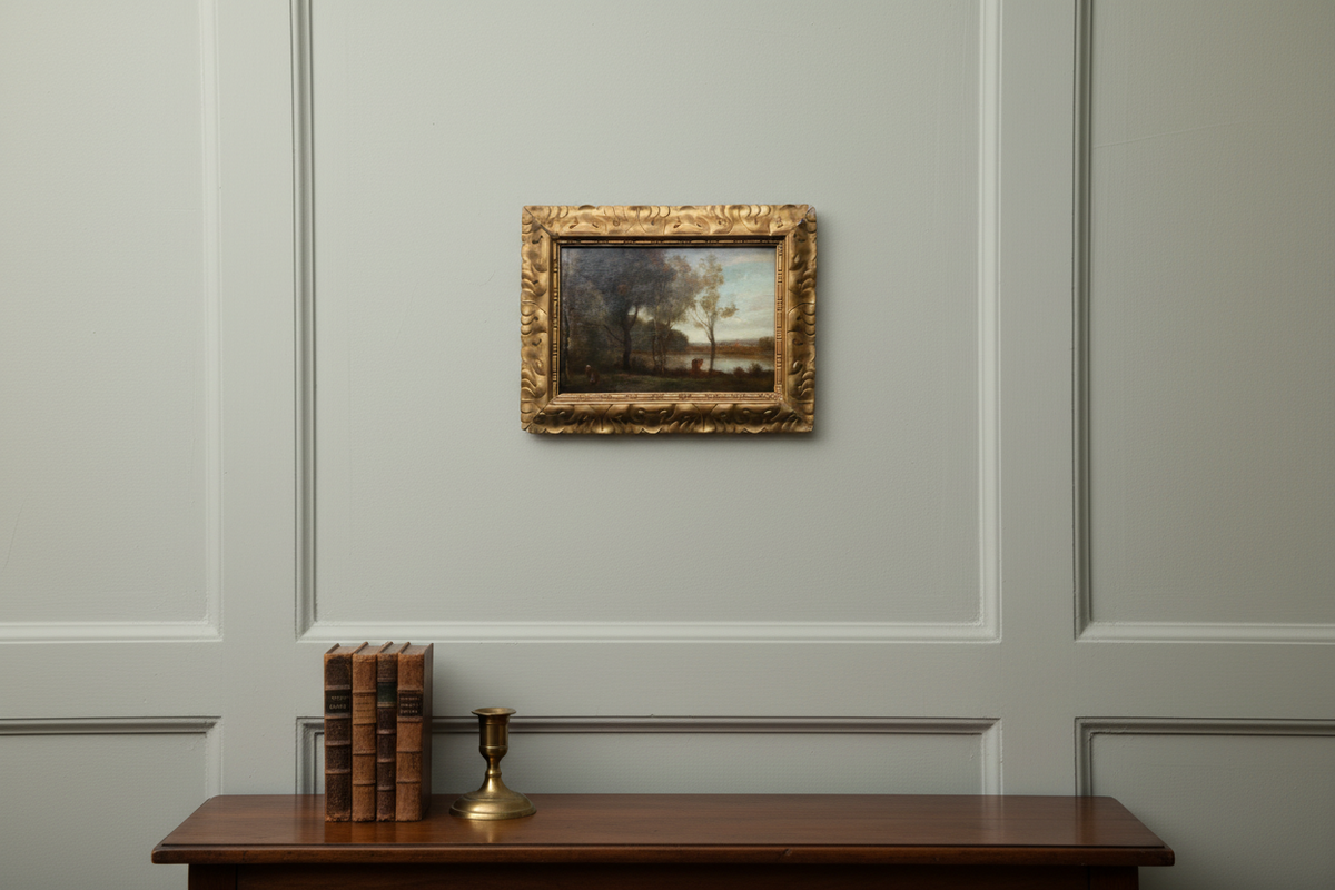 The painting at scale on a panelled wall above a walnut console