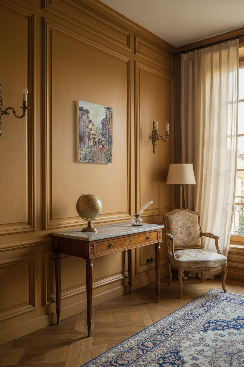 Signed 1975 Paris street scene by Georges Berger displayed in a French sitting room