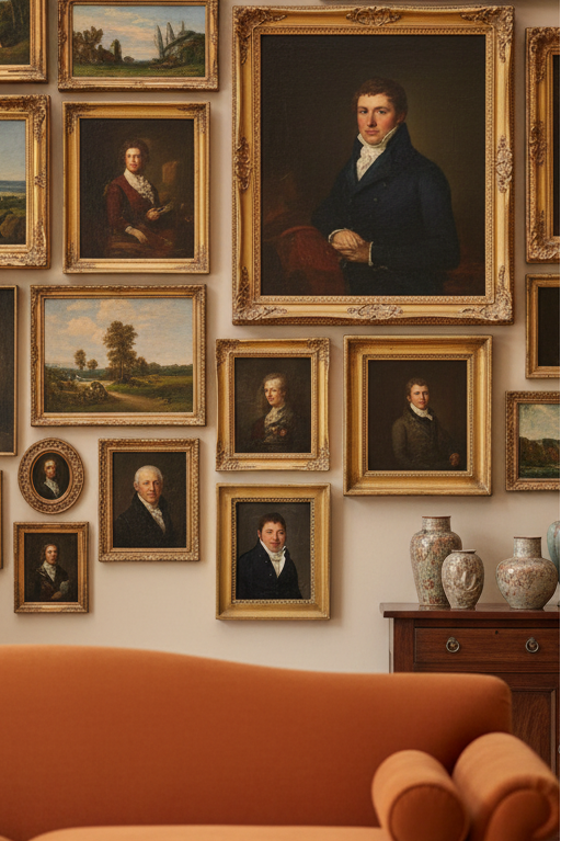 Early 19th century small portrait of a gentleman in a gallery wall of ancestral portraits