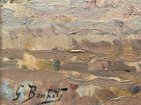 Close view of the signature G. Bonfils in black over the stubble, painted in long horizontal drags of straw, pink and grey