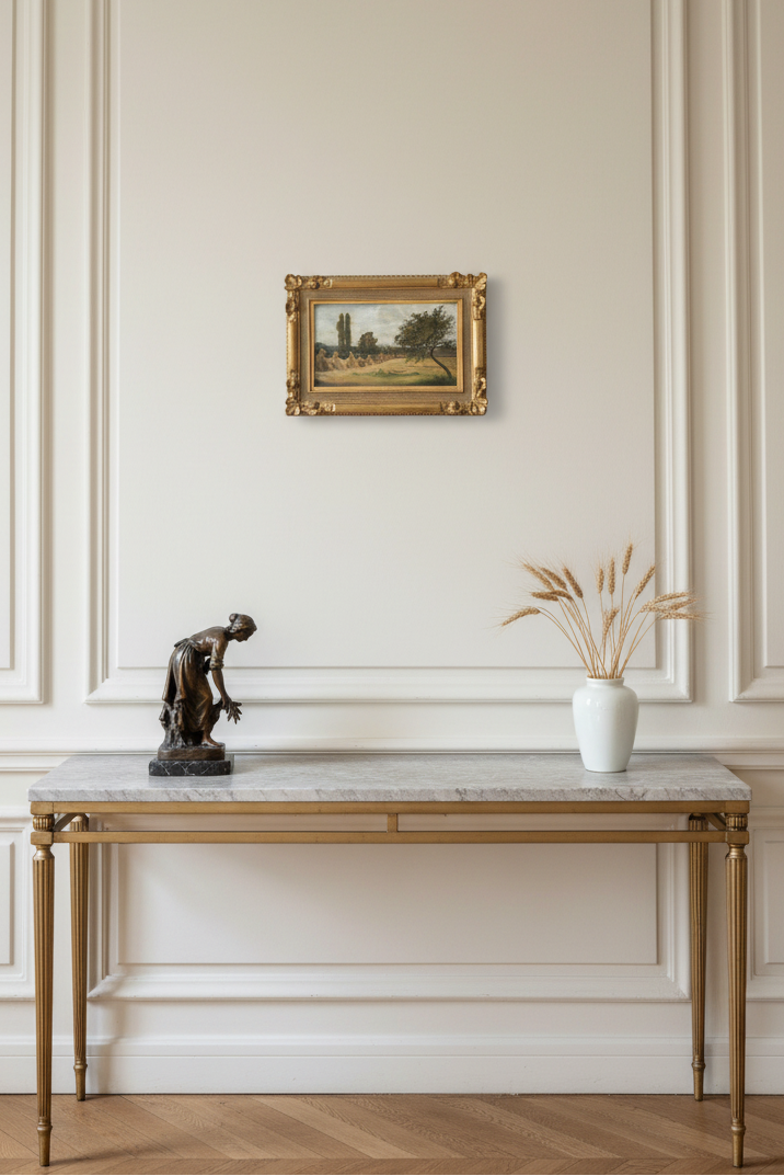 The small canvas shown to scale above a marble console on a pale panelled wall (Cals haystacks landscape, oil on canvas)