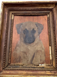 The signature at the lower left and the date at the lower right, painted directly onto the bare mahogany