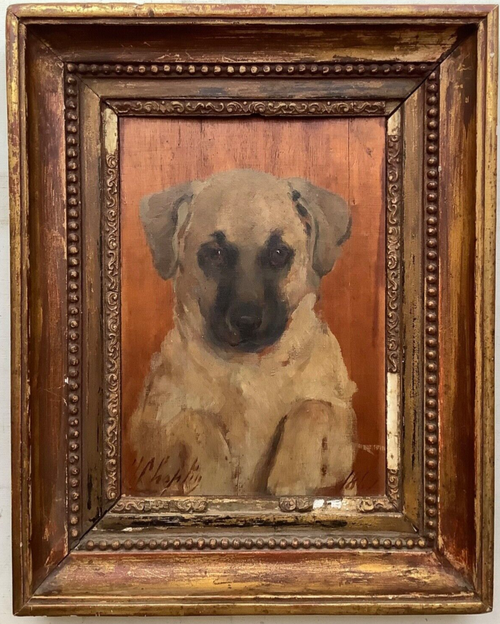 Signed and dated 1882 portrait of a puppy by Charles Chaplin, oil on bare mahogany panel in a carved gilt frame