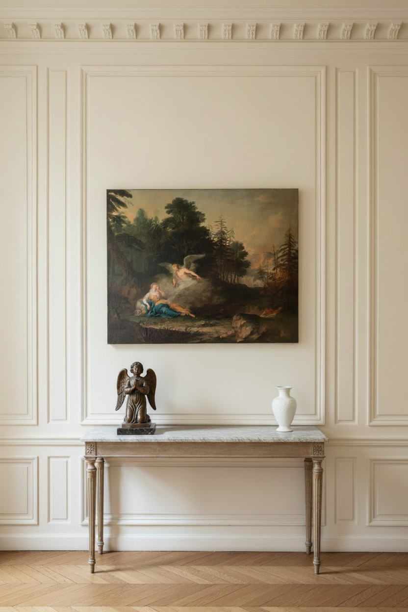 The unframed canvas shown to scale above a marble console on a pale panelled wall (Hagar and Ishmael with the angel, circle of Januarius Zick, oil on canvas)