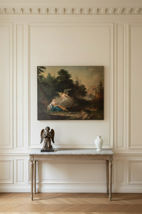 The unframed canvas shown to scale above a marble console on a pale panelled wall (Hagar and Ishmael with the angel, circle of Januarius Zick, oil on canvas)
