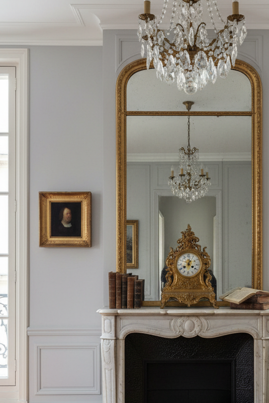 17th century portrait after Cranach in a gilt frame beside a marble fireplace with a mirror