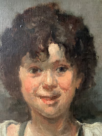 Detail of the head, the dark curly hair worked in loose masses with the canvas weave showing through