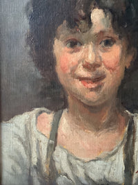 Detail of the white shirt with grey braces and the signature in red at the lower right
