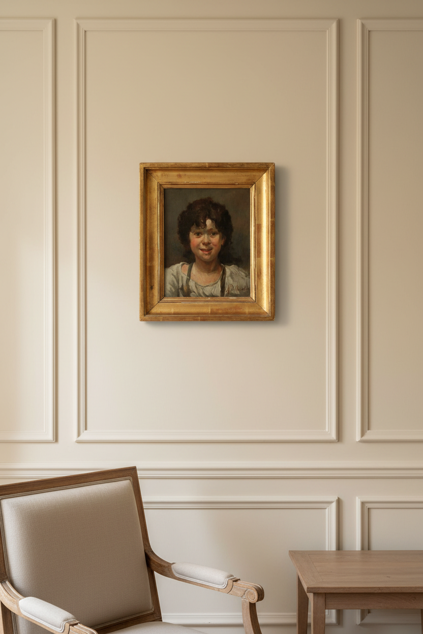 Room setting showing the framed study hung on a pale wall (signed Desboutin study of a boy)