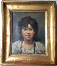 Signed oil study by Marcellin Desboutin of a laughing boy in a working shirt, in a gilt wood frame