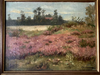 Detail of the flowering heather running back to the line of trees with the farm roof among them