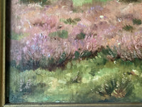 Detail of the heather bank at the right, worked in rose and violet against dark green gorse