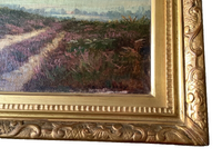 Macro of the lower right corner showing the brown signature set within the heather, and the frame ornament intact on this angle
